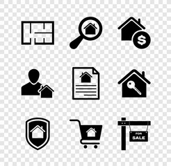 Set House plan, Search house, with dollar, under protection, Shopping cart, Hanging sign For Sale, Realtor and contract icon. Vector