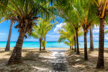 Beautiful  beach alley with palm trees in tropical island - obrazy, fototapety, plakaty