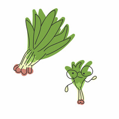 Green onion. Greens and character. Vector hand draw cartoon illustration. 