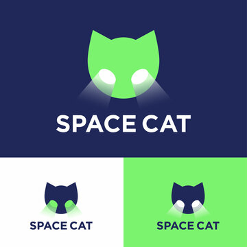 Space Cat logo. Cat head with light rays from eyes. Fantastic symbol. Alie