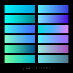 Gradient palette. Blue-green cool spectrum. Blue, green, pink, purple, deep blue, and turquoise colors. Fluid gradients, color rectangles.