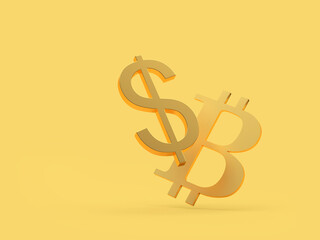 Dollar and bitcoin golden signs on yellow. 3d illustration