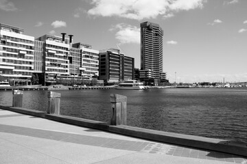 Melbourne city Docklands. Black and white photo retro style.