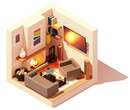 Vector isometric modern living room interior. Leather couch and armchair, tv with loudspeakers, fireplace. Low poly cross-section illustration. Cutaway drawing