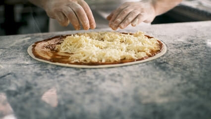 Close up for cook's hands putting cheese on the pizza Four Cheeses.Chef adding the ingredients to the pizza, production and delivery of food.