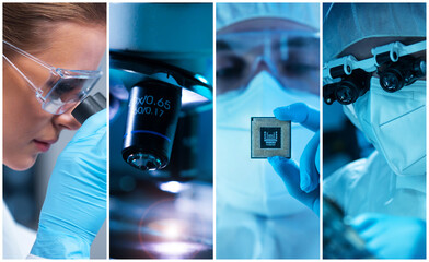 Microelectronics engineers work in a modern scientific laboratory on computing systems and...