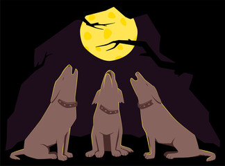 Three dogs howling at the moon, dark night, full moon, vector illustration
