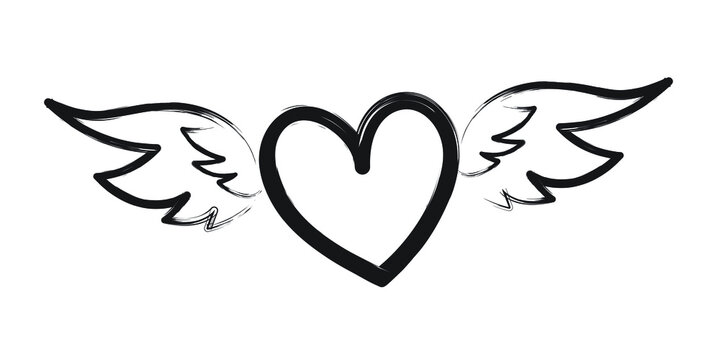 Hand drawn black heart with wings on white background 