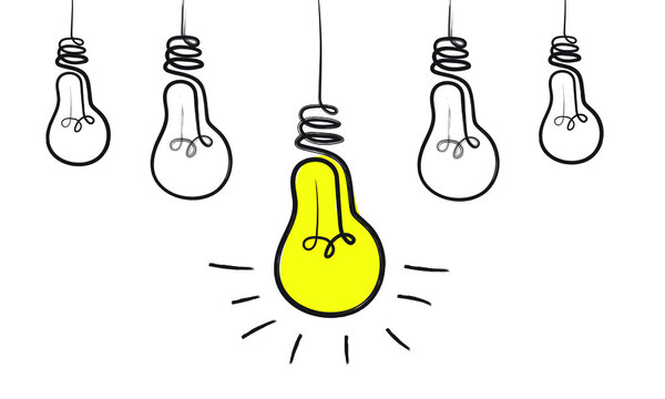 Light bulbs with rays shine. Hand drawn vector. Symbol of idea, creativity, innovation. Vector illustration