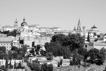 Toledo city skyline, Spain. Retro style photo black and white BW.