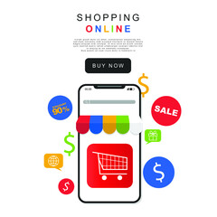 Online shopping application on mobile phone with credit card shopping and illustration shopping bag , shopping cart Code discount and buy button with white background