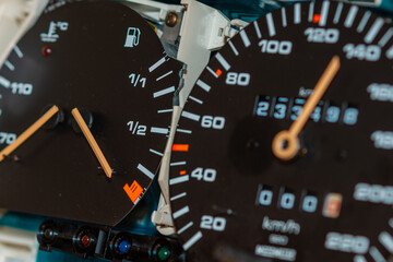 Old car speedometer,odometer. Speed indicator background.Roration engine speed arrow. - obrazy, fototapety, plakaty