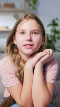 Child blogger. Online coaching. Confident teen girl performing speech for social media channel.