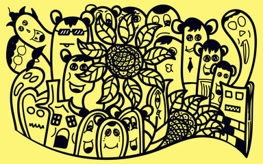 doodle monster characters and flowers