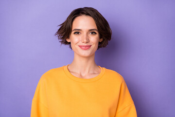 Fototapeta premium Photo of satisfied glad young girl look camera smile wear sweater isolated on violet color background