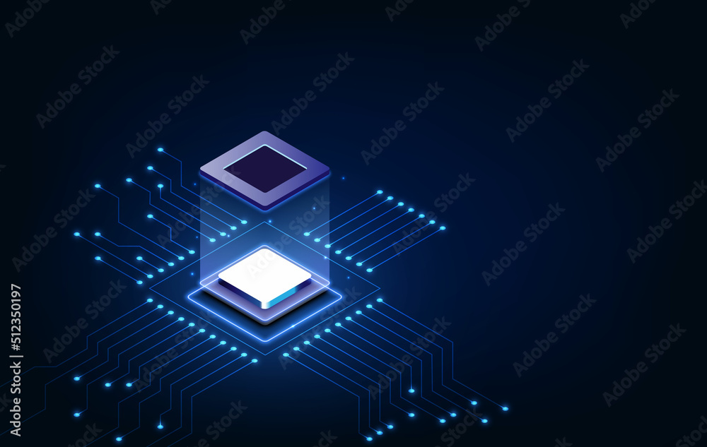 Poster abstract technology chip processor background circuit board and html code,3d illustration blue techn