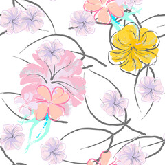 Pink Flowers Blooming Pattern. Pastel Watercolor.