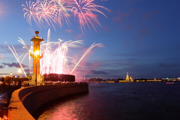 Fireworks over Rostral Columns and Ss. Peter and Paul Cathedral, Saint Petersburg, Russia