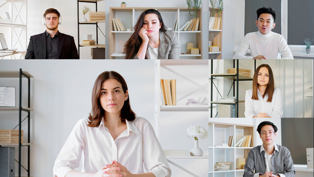 Virtual conference. Video call. Boring presentation. Corporate telework. Screenshot of exhausted tired business team working from home at digital office.