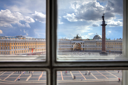 Palace Square seen from a window of Hermitage Museum, Saint Petersburg, Russia