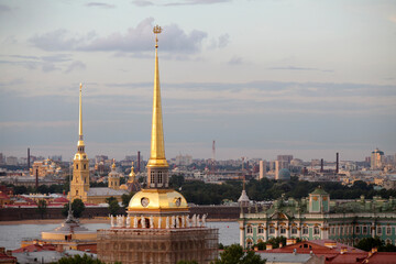 The Admiralty gilded spire, topped by a small sail warship, and Peter and Paul Cathedral, Saint Petersburg, Russia