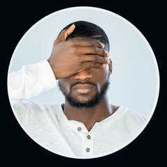 Face palm. Man avatar. Bad mistake. Frustrated emotion ashamed guy covering eyes with hand isolated...