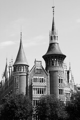 Barcelona Casa de les Punxes. Retro style photo black and white BW. Barcelona landmarks.