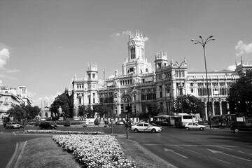 Madrid - Plaza Cibeles. Black white photo vintage style. Spanish landmark.
