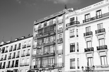 Madrid street, Spain. Black white photo vintage style. Spanish landmark.