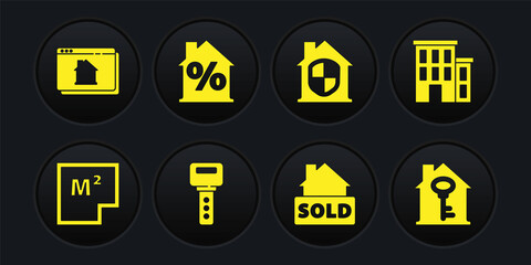 Set House plan, key, Hanging sign with text Sold, under protection, percant discount, and Online real estate house icon. Vector