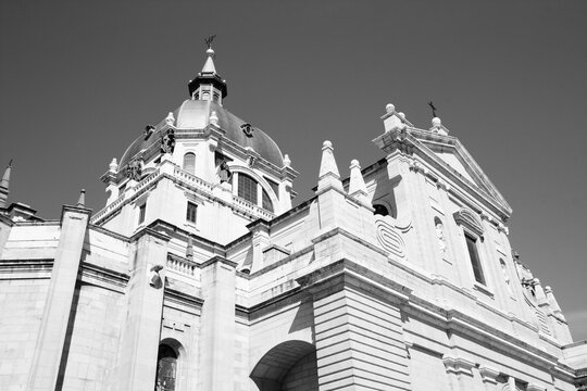 Madrid cathedral - Almudena Cathedral. Black white photo retro style. Spanish landmark.