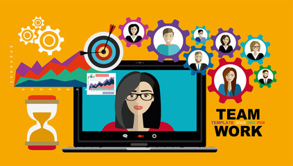 Video call conference concept. Young people making video call through virtual user interface window. Working from home. Social distancing. Remote project management. Partnership. Vector.