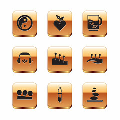 Set Yin Yang, Vacuum cans, Pipette, Acupuncture therapy, Headphones for meditation, Cup of tea and leaf, Stack hot stones and Heart icon. Vector