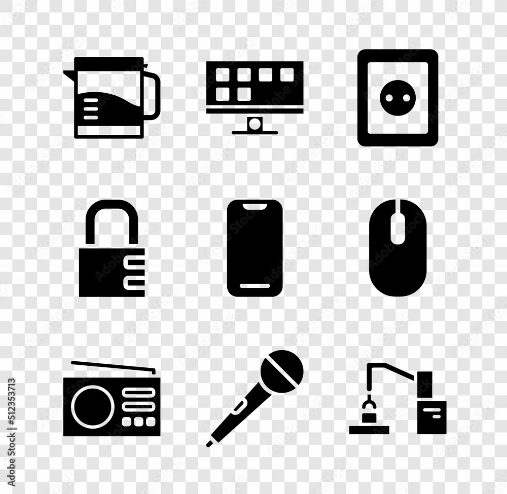 Sticker Set Electric kettle, Smart Tv, Electrical outlet, Radio, Microphone, Robotic robot arm hand factory, Safe combination lock and Smartphone icon. Vector