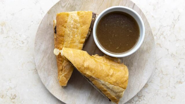 Rotating Roast Beef French Dip Sandwich with Au Jus