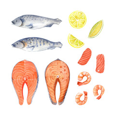 Seafood watercolor clipart set. Salmon steaks, shrimps and whole fishes with slices of lemons. Hand drawn food clipart.