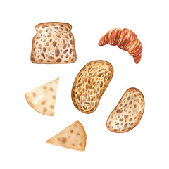 Bread slices watercolor set. Wholegrain bread pieces, tortilla and croissant. Hand drawn food clipart.