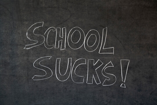 School Sucks, written in chalk on a blackboard
