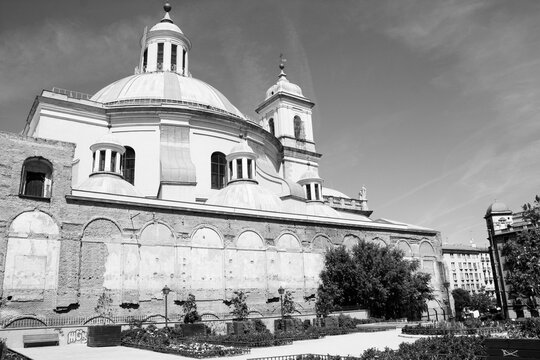 Madrid - Basilica San Francisco. Black and white photo vintage style.