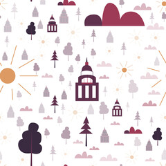 Seamless vector pattern with capitol building, tree, spruce, sun, clouds on white background. Washington landscape. Texture for wallpaper, postcard, fabric, wrapping paper