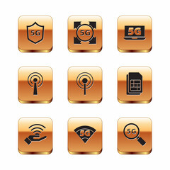 Set Protective shield 5G, network, Antenna, Laptop with, Search and icon. Vector