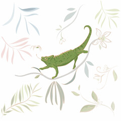 Vector hand drawn illustration Chameleon Lizard, tropical flowers, clip art. Green reptile on floral branch isolated on white background