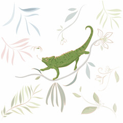 Fototapeta premium Vector hand drawn illustration Chameleon Lizard, tropical flowers, clip art. Green reptile on floral branch isolated on white background