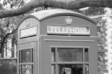 London telephone. Black and white photo vintage style.