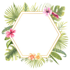 Vector illustration of a hexagonal frame with tropical plants. Monster, banana leaves, hibiscus, etc. Floral watercolor. For the design of greeting cards, invitations