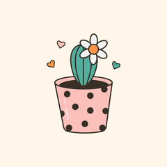 Vector illustration of cute potted plant. Cartoon table decor with hearts. Small office cactus. Trendy oldschool icon