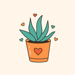 Vector illustration of cute potted plant. Cartoon table decor with hearts. Small office succulent. Trendy oldschool icon
