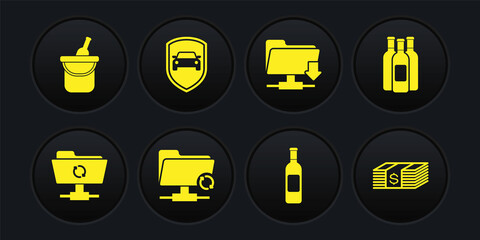 Set FTP sync refresh, Bottles of wine, , , folder download and Car protection or insurance icon. Vector