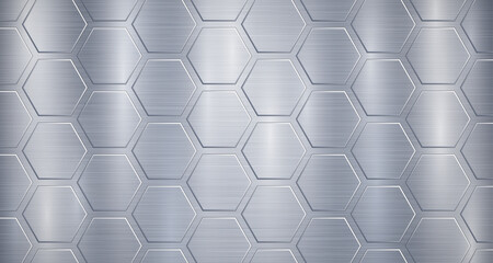 Abstract metallic background in light blue colors with highlights and a big voluminous convex hexagonal plates