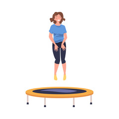 Obraz premium Excited Woman Character Jumping and Bouncing on Trampoline Engaged in Recreational Activity Vector Illustration